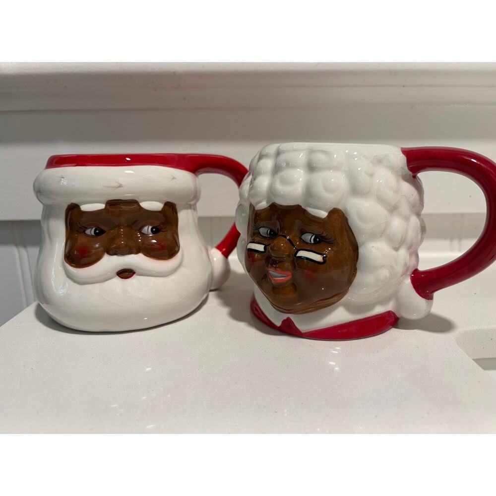 Ceramic African American Black Santa Claus and Mrs. Claus Mugs, Set of Two(2)